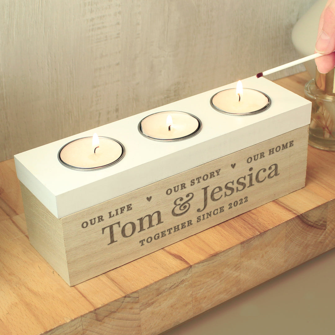 Personalised Our Life Story & Home Triple Tea Light Box