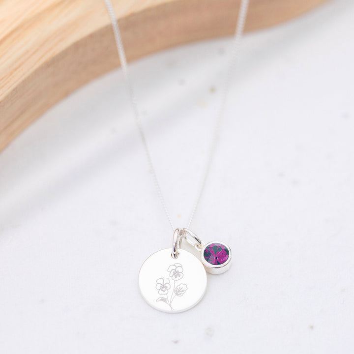 Custom FEBRUARY Amethyst Necklace - Engraved Birth Flower