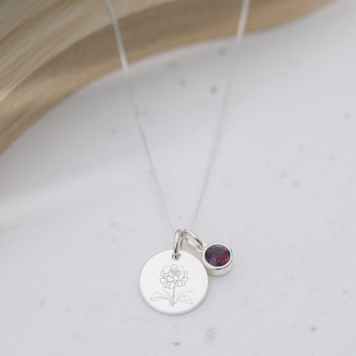 Custom JANUARY Garnet Birthstone Necklace - Engraved Birth Flower