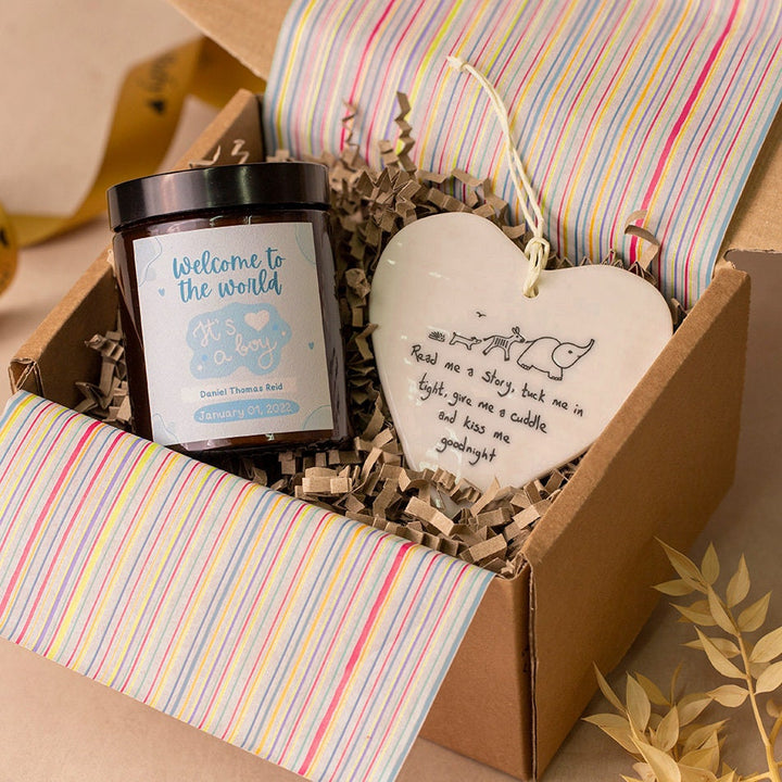 Baby Boy Gift Set - Personalised Candle & Heart Keepsake