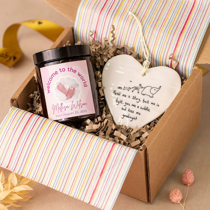 Baby Girl Gift Set - Personalised Candle & Heart Keepsake