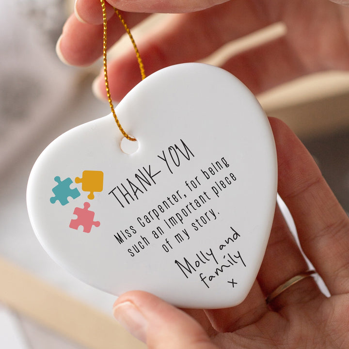 Personalised Ceramic Teacher Thank You Gift Heart with Puzzle Illustration