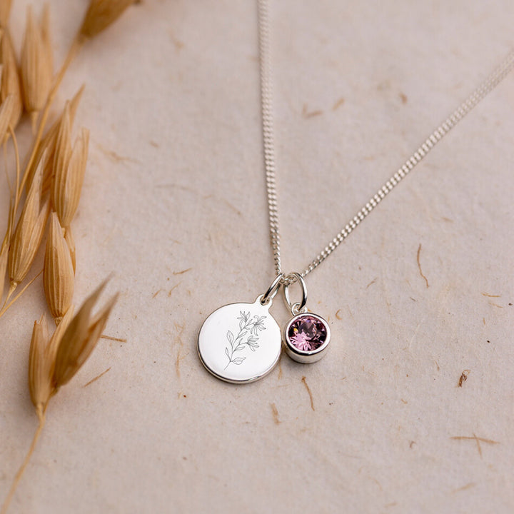 Custom JUNE Rose Birthstone Necklace - Engraved Birth Flower