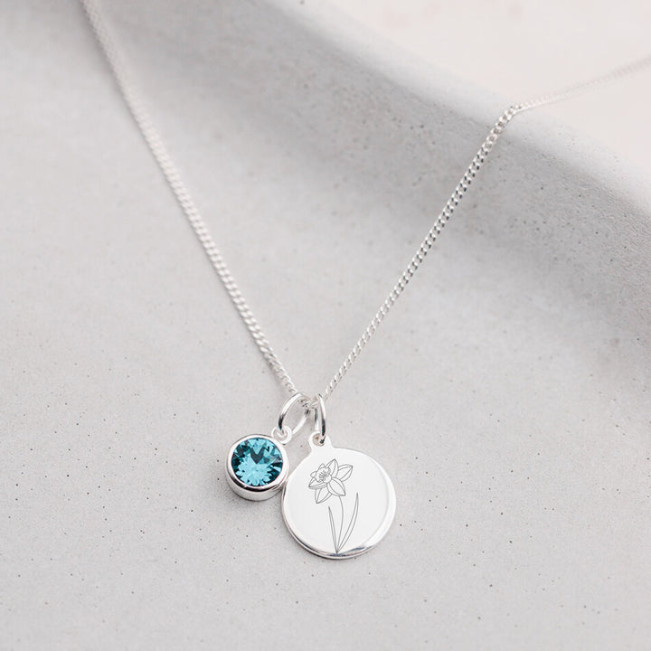 Custom MARCH Aquamarine Birthstone Necklace - Engraved Birth Flower