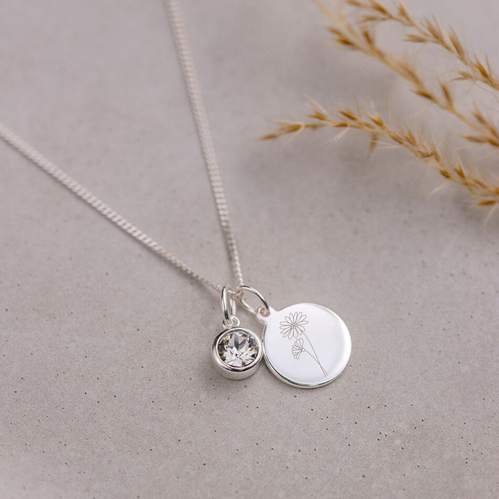 Custom APRIL Crystal Birthstone Necklace - Engraved Birth Flower