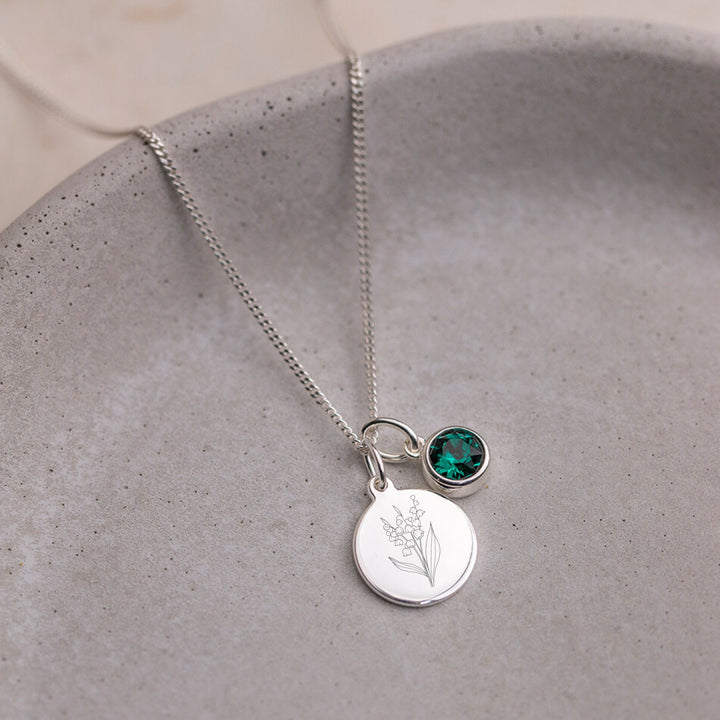 Custom MAY Emerald Birthstone Necklace - Engraved Birth Flower