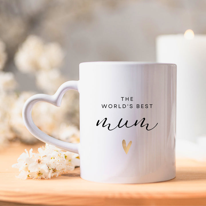 World's Best Mum Mug - Elegant Gold Heart Design with Unique Heart Handle