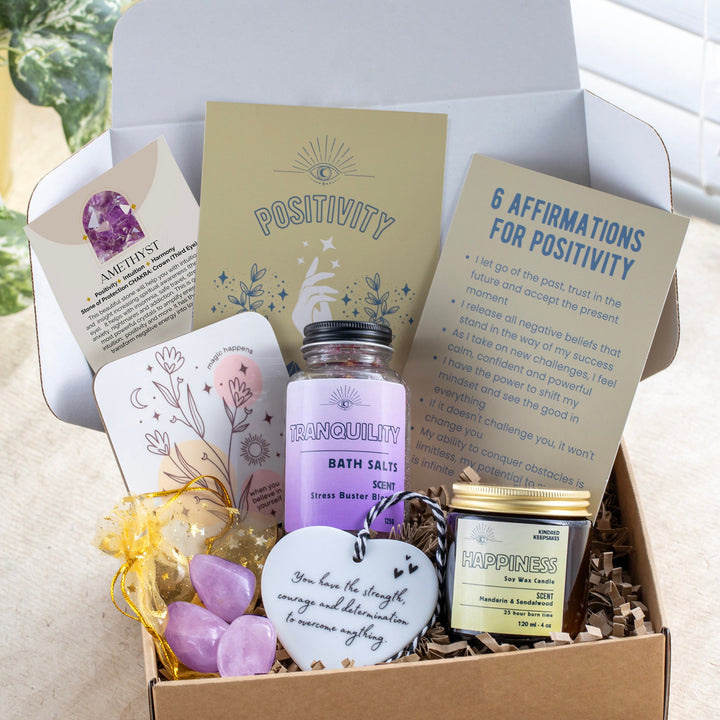 Positivity Gift Box with Affirmation Card and Amethyst Crystals - Motivational Coaster & Candle Set