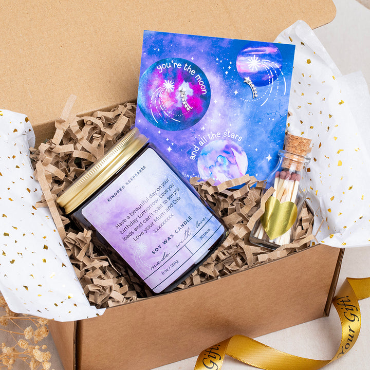 Moon and Stars Birthday Gift Box with Earrings & Personalised Candle