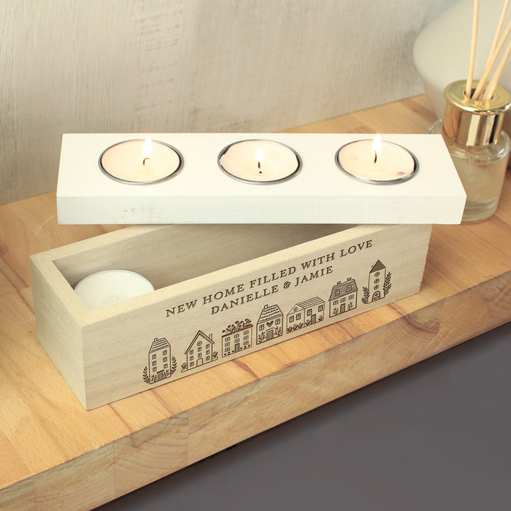 Personalised HOME Triple Tea Light Box