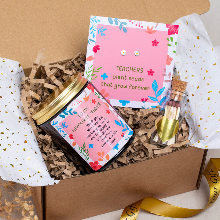 Teacher Gift Box with Personalised Candle & Silver Flower Earrings