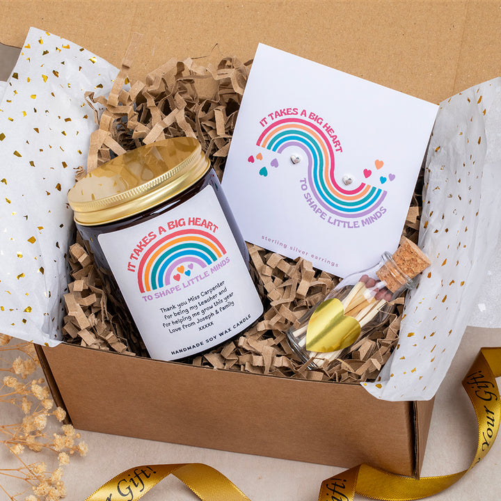 Teacher Gift Box with Heart Earrings & Personalised Rainbow Candle